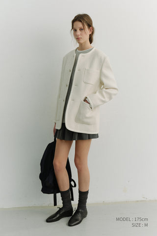 UNISEX COLLARLESS TWEED JACKET CREAM