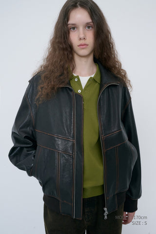UNISEX LEATHER LOGO COLLARED T-SHIRT OLIVE