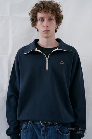 UNISEX LEATHER LOGO HALF ZIP-UP SWEATSHIRT FRENCH NAVY