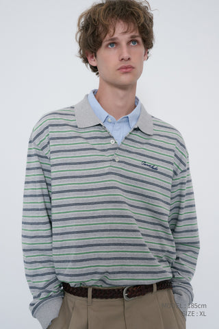 UNISEX MULTI STRIPE COLLARED T-SHIRT MELANGE GREY STRIPE