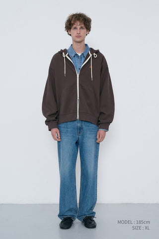UNISEX LEATHER LOGO ZIP-UP HOODIE BROWN