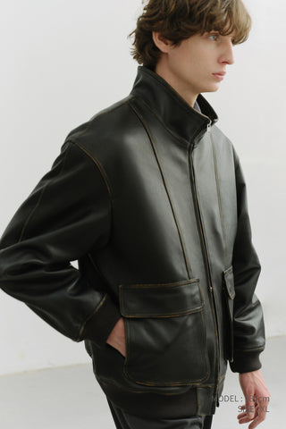 UNISEX STAND COLLARED LEATHER BLOUSON BRUSHED BLACK