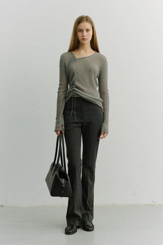 SEMI BOOT-CUT SLIM SLACKS CHARCOAL STRIPE
