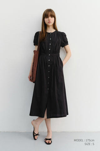 MAXI SHIRRING HALF SLEEVE DRESS BLACK