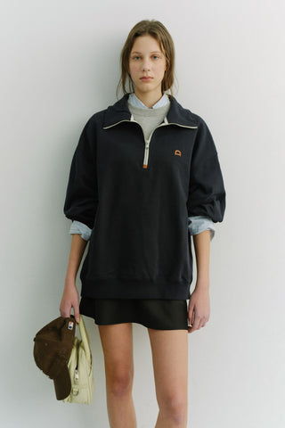 UNISEX LEATHER LOGO HALF ZIP-UP SWEATSHIRT FRENCH NAVY