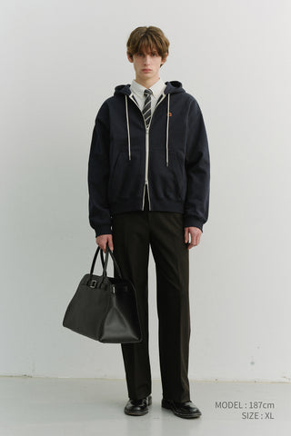 UNISEX LEATHER LOGO ZIP-UP HOODIE FRENCH NAVY