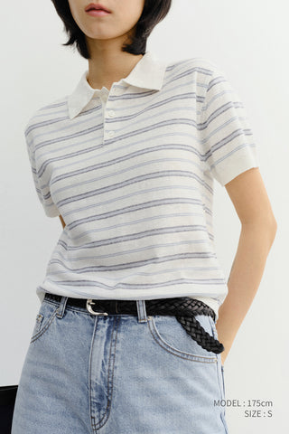 UNISEX STRIPED POLO KNIT WHITE SOFT BLUE