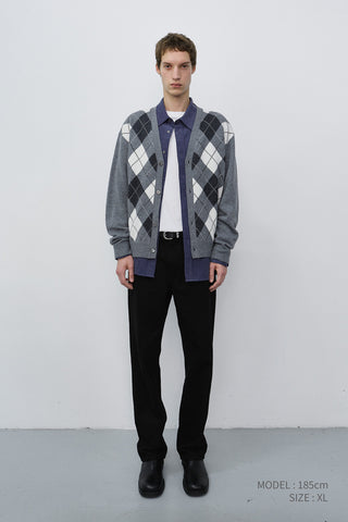 UNISEX V-NECK ARGYLE CARDIGAN GREY