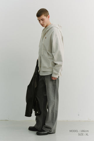 UNISEX LEATHER LOGO ZIP-UP HOODIE OATMEAL MELANGE