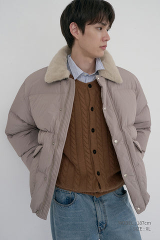 UNISEX HAIRY CABLE CREW NECK CARDIGAN CAMEL