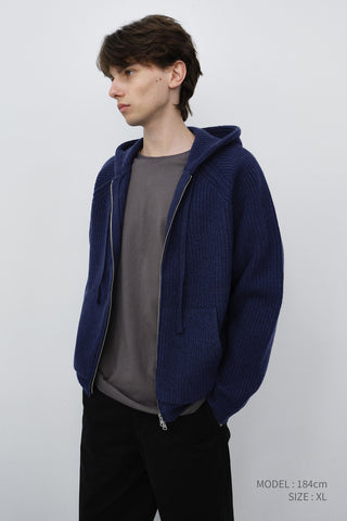 UNISEX HOODED KNIT CARDIGAN DARK BLUE