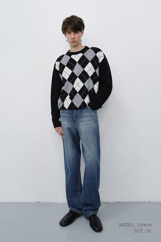 UNISEX ARGYLE CREWNECK SWEATER BLACK