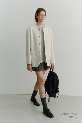 UNISEX COLLARLESS TWEED JACKET CREAM
