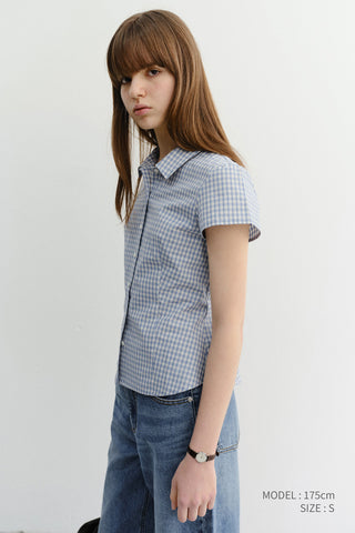 VINTAGE CAP SLEEVE SLIM SHIRT SOFT BLUE CHECK