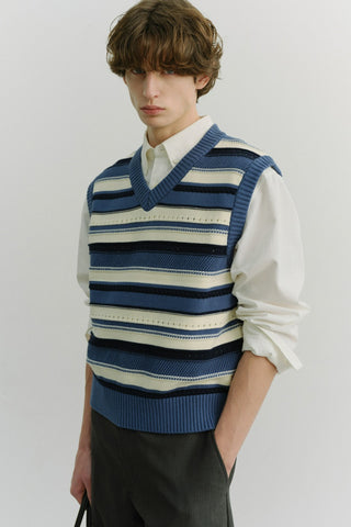 UNISEX CRAFTED STRIPED KNIT VEST BLUE CREAM