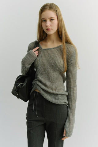 2-WAY SHIRRING KNIT TOP MELANGE GREY