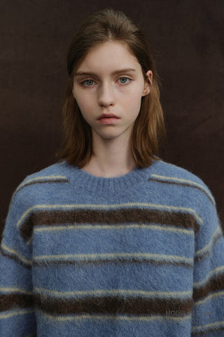 UNISEX STRIPED HAIRY SWEATER SOFT BLUE DEEP BROWN