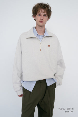 UNISEX LEATHER LOGO HALF ZIP-UP SWEATSHIRT OATMEAL MELANGE