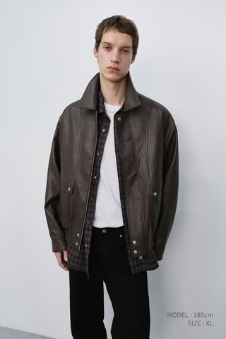 UNISEX ALTER-LEATHER ZIP-UP BLOUSON DARK BROWN