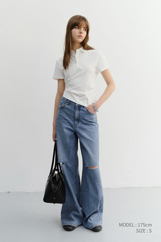 CROPPED SLIM COLLARED T-SHIRT WHITE