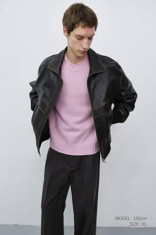 UNISEX STAND COLLARED LEATHER BLOUSON BRUSHED BROWN
