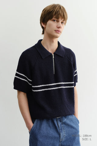 HALF ZIP-UP STRIPED POLO KNIT DARK NAVY