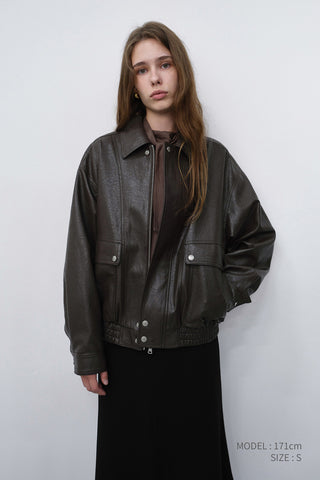 UNISEX ALTER-LEATHER ZIP-UP BLOUSON DARK BROWN
