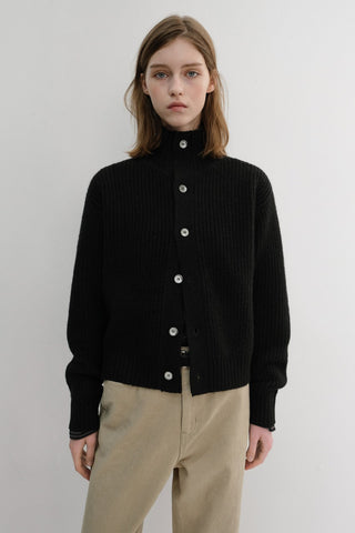 UNISEX HIGH NECK BUTTON CARDIGAN BLACK