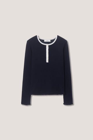 BUTTONED ROUND-NECK KNIT TOP NAVY