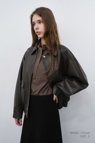 UNISEX ALTER-LEATHER ZIP-UP BLOUSON DARK BROWN