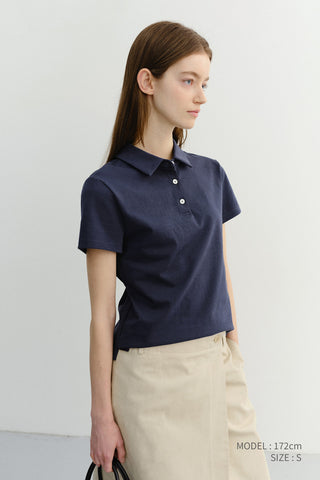 CROPPED SLIM COLLARED T-SHIRT NAVY