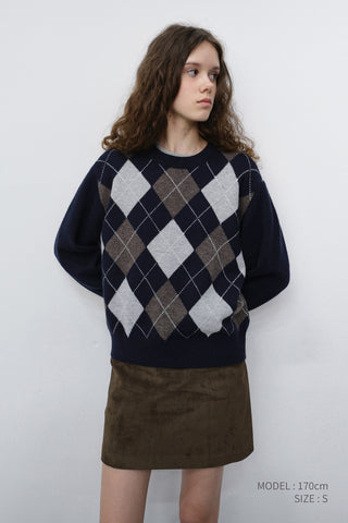 UNISEX ARGYLE CREWNECK SWEATER NAVY