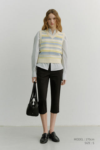 UNISEX CRAFTED STRIPED KNIT VEST CREAM SOFT BLUE