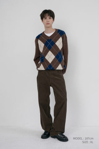 UNISEX HAIRY ALPACA ARGYLE SWEATER GREYISH BROWN