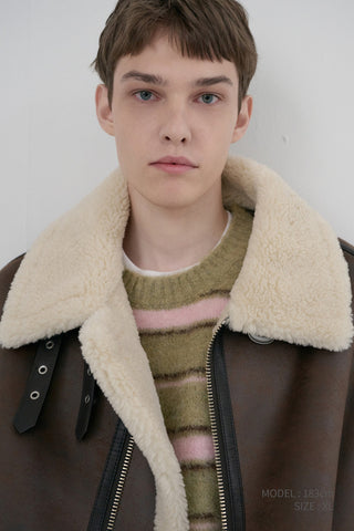 UNISEX STRIPED HAIRY SWEATER OLIVE PINK