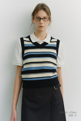 UNISEX CRAFTED STRIPED KNIT VEST NAVY CREAM