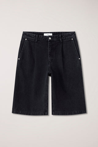 PLEATED BERMUDA DENIM SHORTS BLACK