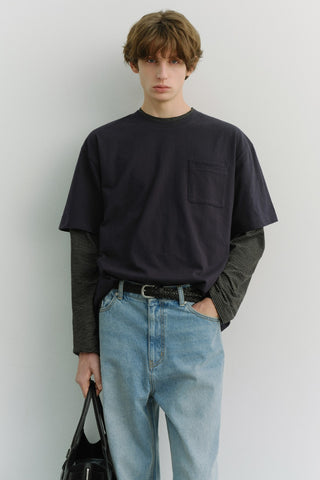 UNISEX LAYERED SET-UP T-SHIRT NAVY BLACK STRIPE