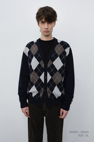 UNISEX V-NECK ARGYLE CARDIGAN NAVY