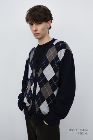UNISEX V-NECK ARGYLE CARDIGAN NAVY