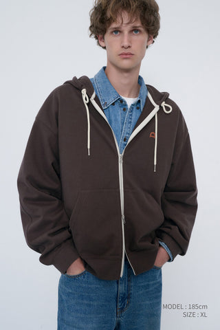 UNISEX LEATHER LOGO ZIP-UP HOODIE BROWN