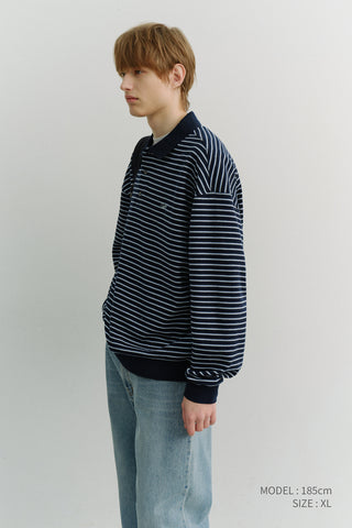 UNISEX STRIPED LOGO COLLARED T-SHIRT NAVY