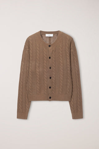 UNISEX HAIRY CABLE CREW NECK CARDIGAN CAMEL