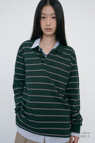 UNISEX MULTI STRIPE COLLARED T-SHIRT FOREST GREEN STRIPE