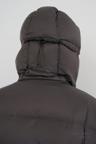 UNISEX HOODED VOLUME GOOSE DOWN JACKET DARK BROWN