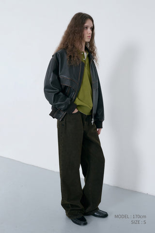 UNISEX STAND COLLARED LEATHER BLOUSON BRUSHED BROWN