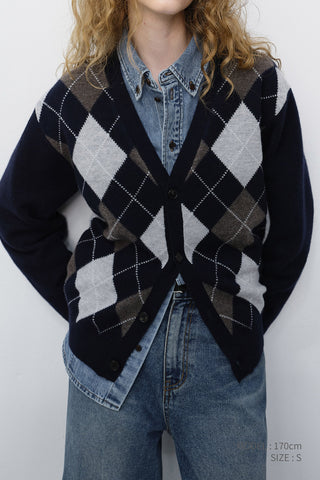 UNISEX V-NECK ARGYLE CARDIGAN NAVY