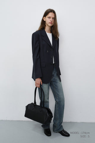 UNISEX REFINED MASCULINE WOOL BLAZER NAVY STRIPE