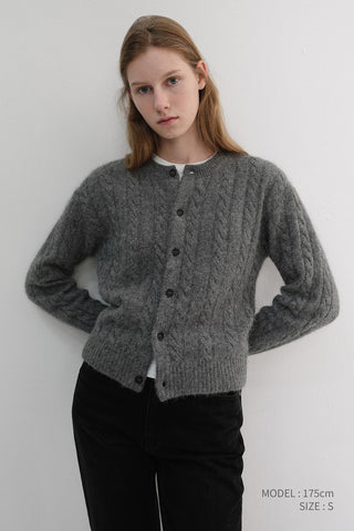 UNISEX HAIRY CABLE CREW NECK CARDIGAN MELANGE GREY