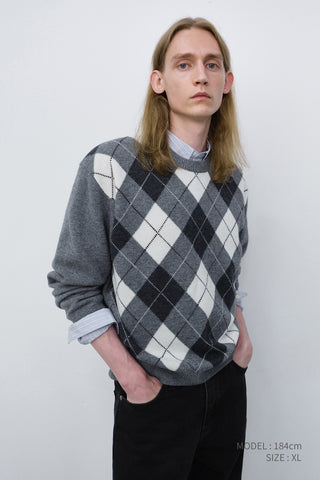 UNISEX ARGYLE CREWNECK SWEATER GREY